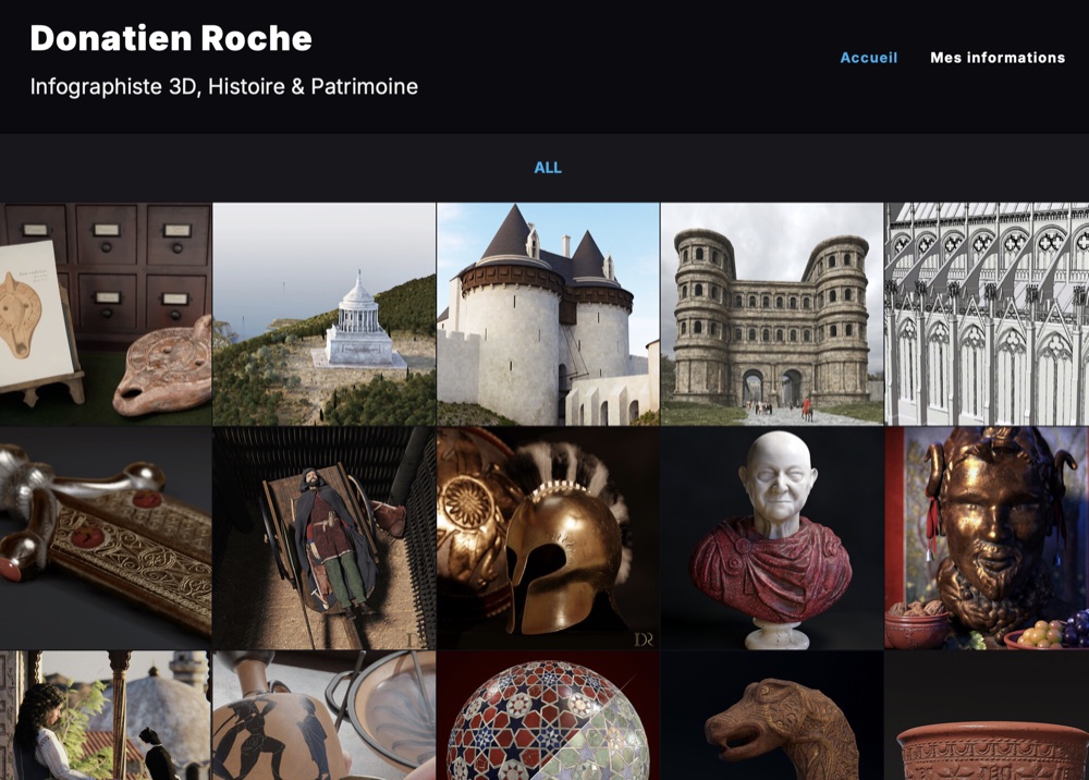 Page de profil ArtStation de Donatien Roche, mosaïque de rendus