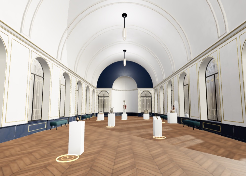 Galerie voûtée du musée virtuel, œuvres présentées sur des socles