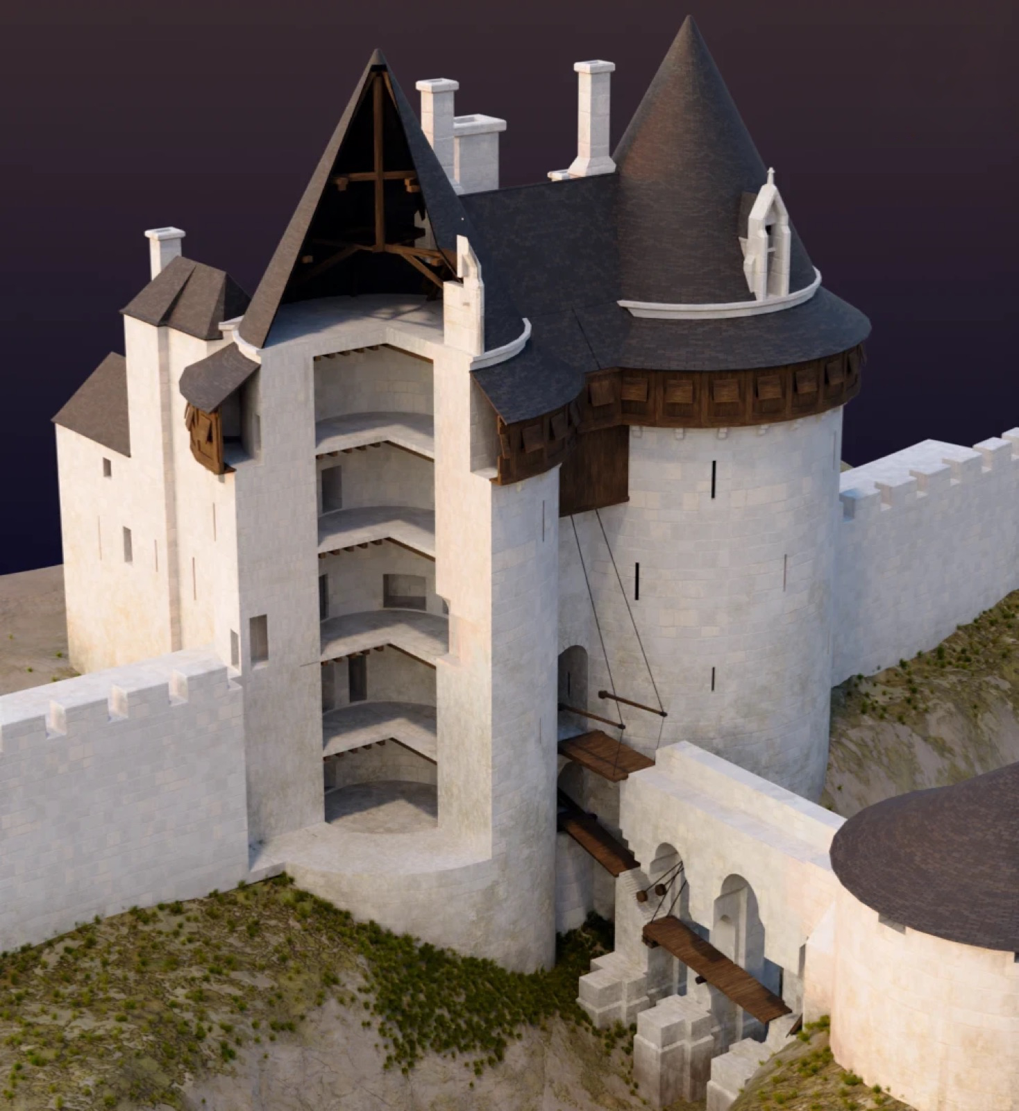Coupe des tours de la porte de Laon : planchers superposés, escaliers et charpente