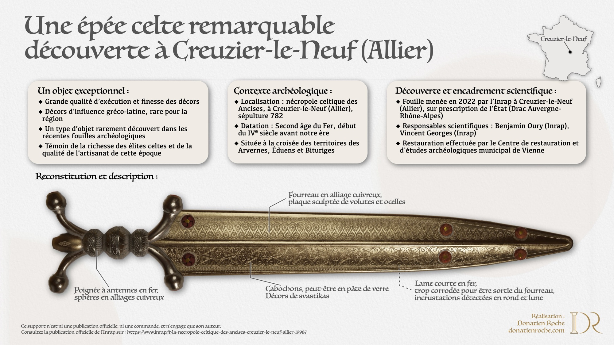 Infographie : « Une épée celte remarquable découverte à Creuzier-le-Neuf (Allier) » — contexte archéologique, découverte, encadrement scientifique et description de l'objet
