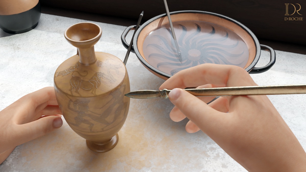 Scène 3D d'atelier : une main tient le lécythe, l'autre un stylet métallique qui incise les détails du décor ; à droite une coupe d'argile diluée