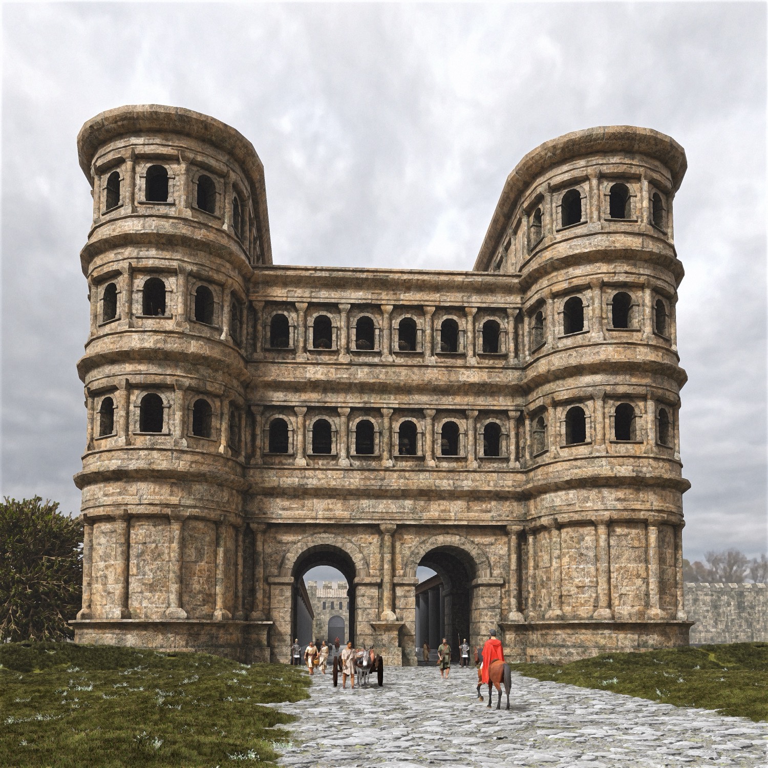 La Porta Nigra sous un ciel couvert, lumière diffuse