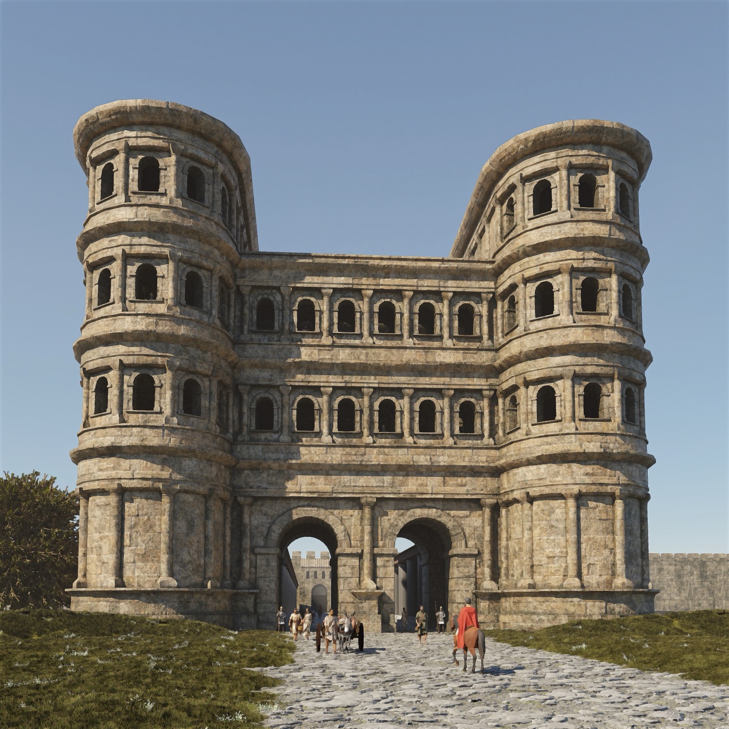 La Porta Nigra en plein jour, ciel dégagé et ombres marquées