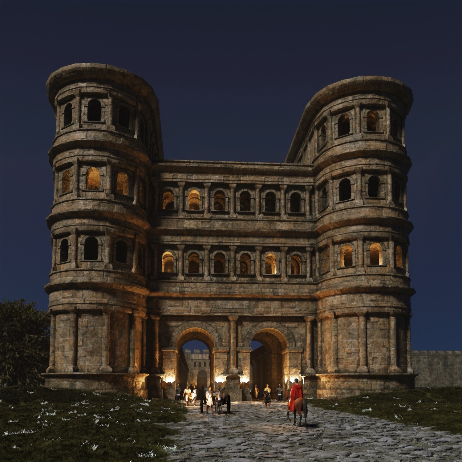 La Porta Nigra à la tombée de la nuit, fenêtres éclairées et torches
