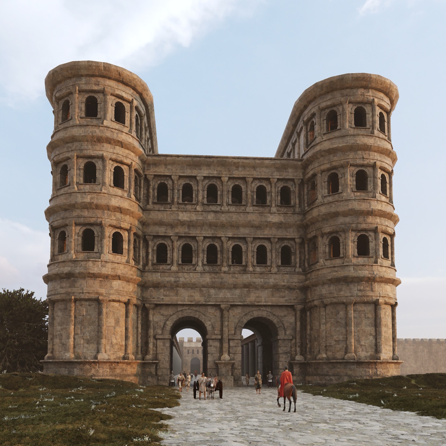 La Porta Nigra en fin de journée, lumière chaude et rasante