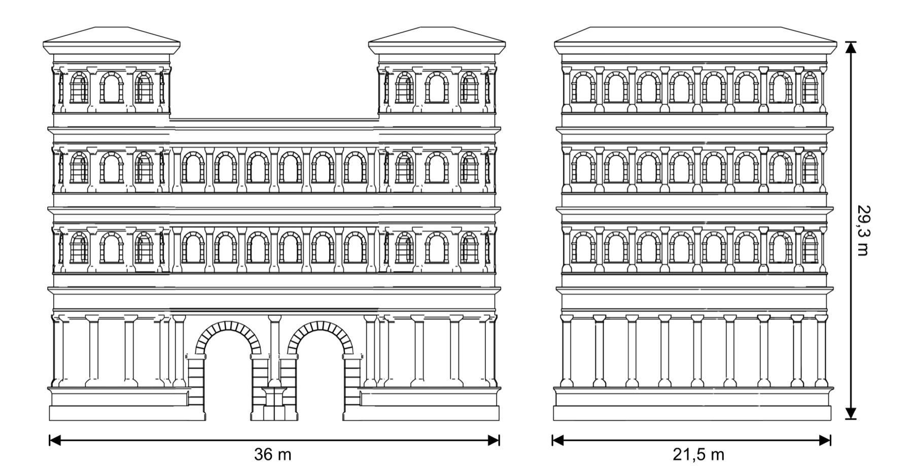 Dessin d'architecte de la Porta Nigra : élévations de face et de côté avec cotes