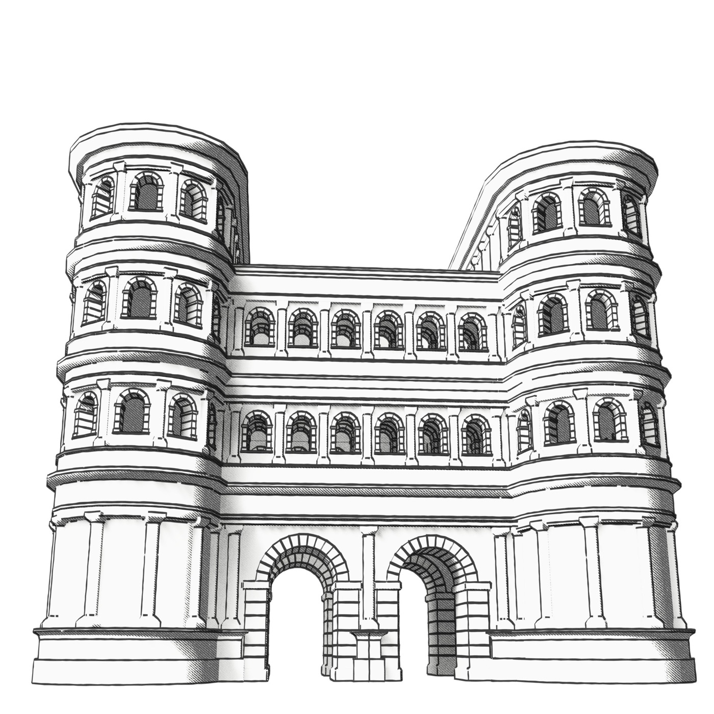 Illustration au trait de la Porta Nigra, noir et blanc
