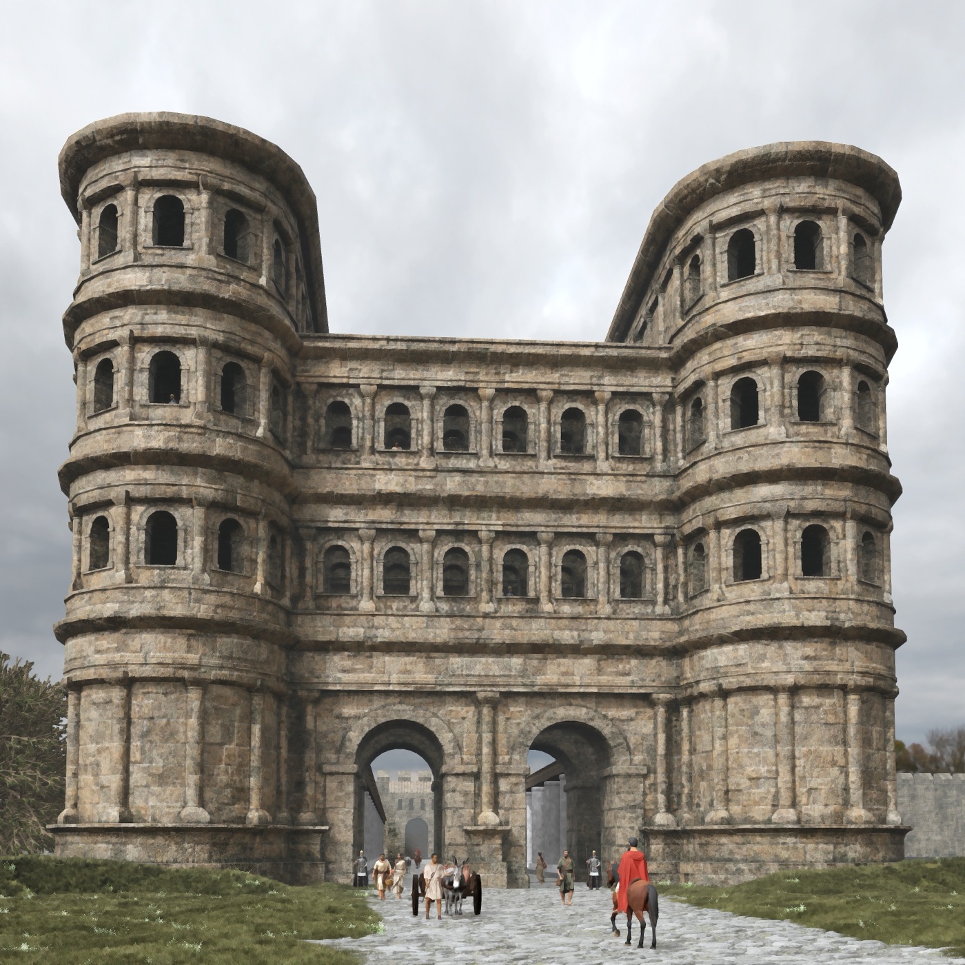 Mise en scène de la Porta Nigra restituée neuve, avec passants, cavalier et chariot romains