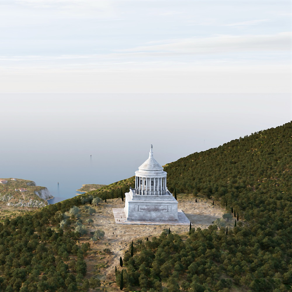 Restitution 3D du trophée d'Auguste à La Turbie et de son paysage antique, avec le port de Monœcus