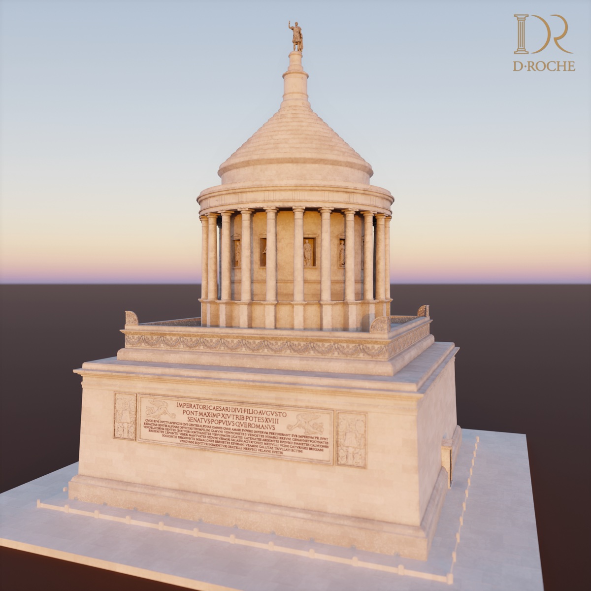Restitution du trophée de La Turbie à l'époque augustéenne : podium inscrit, colonnade circulaire et statue au sommet, en lumière de fin de journée