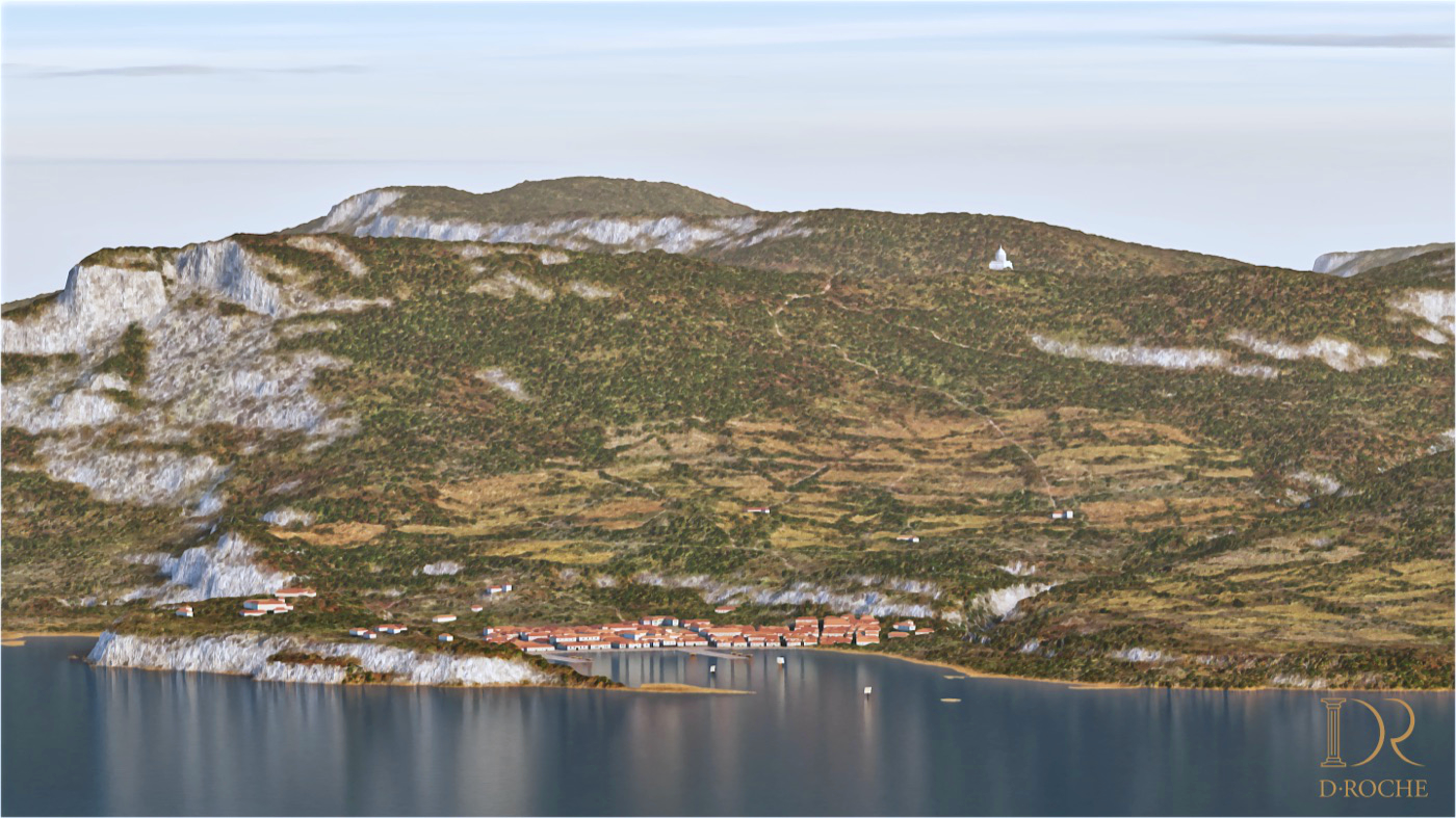Le même site vu du large : la ville romaine au bord de l'eau, le massif boisé, et le trophée en point clair sur la crête