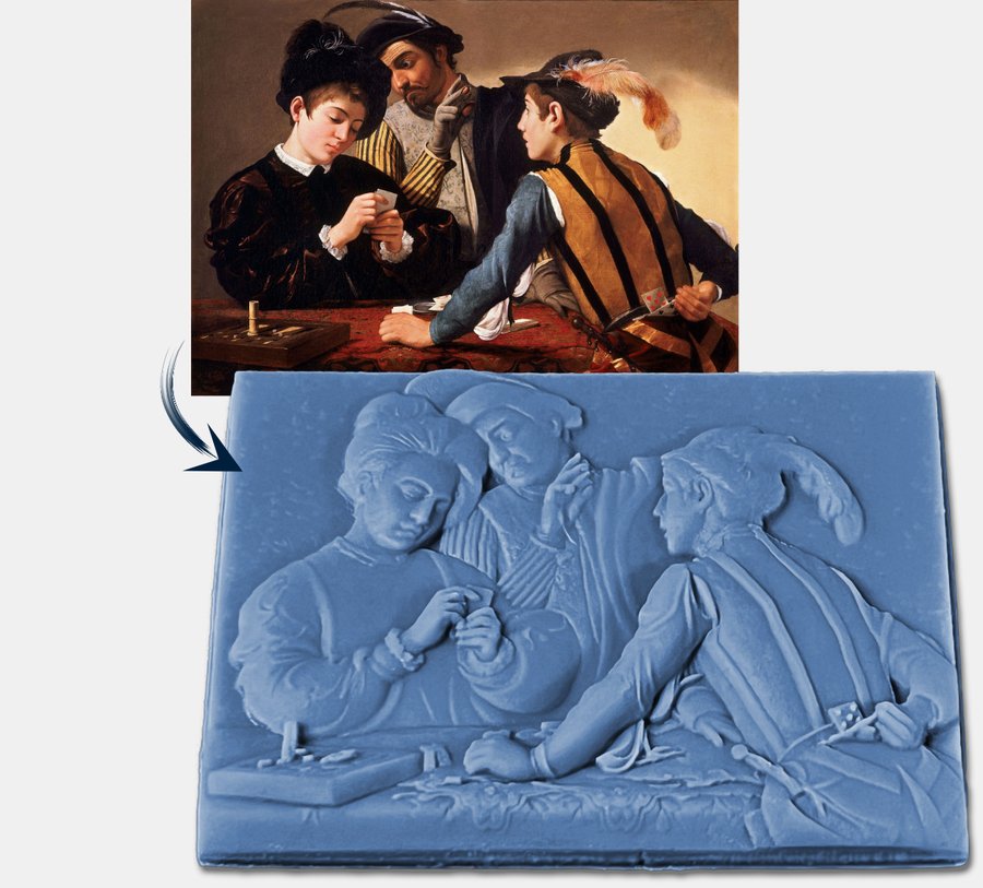 « Les Tricheurs » du Caravage : la peinture originale, puis sa transcription en bas-relief imprimé en 3D