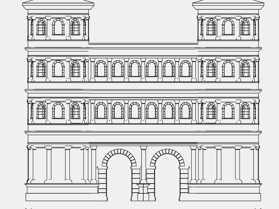 Dessin d'architecture coté de la Porta Nigra, élévation de façade