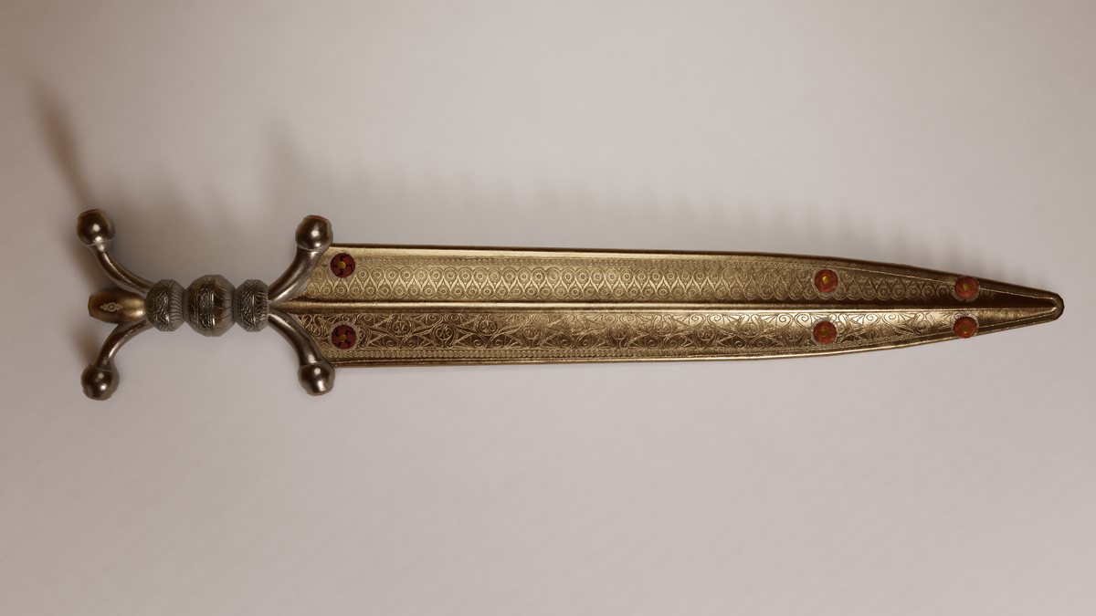 Restitution 3D d'une épée celtique dans son fourreau ciselé, à décor d'entrelacs et cabochons rouges