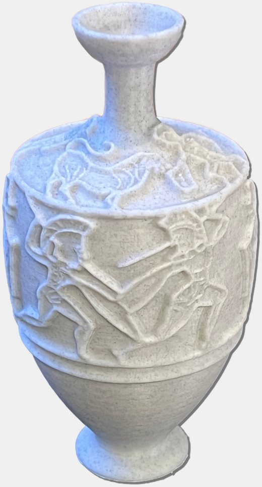 Réplique d'un lécythe grec, imprimée en 3D : le décor peint transposé en relief blanc, lisible au toucher